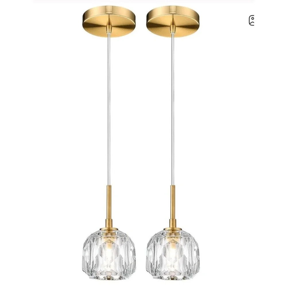 2 Pack AUTELO Gold Crystal Pendant Lights Kitchen Island Mini Fixtures Brushed